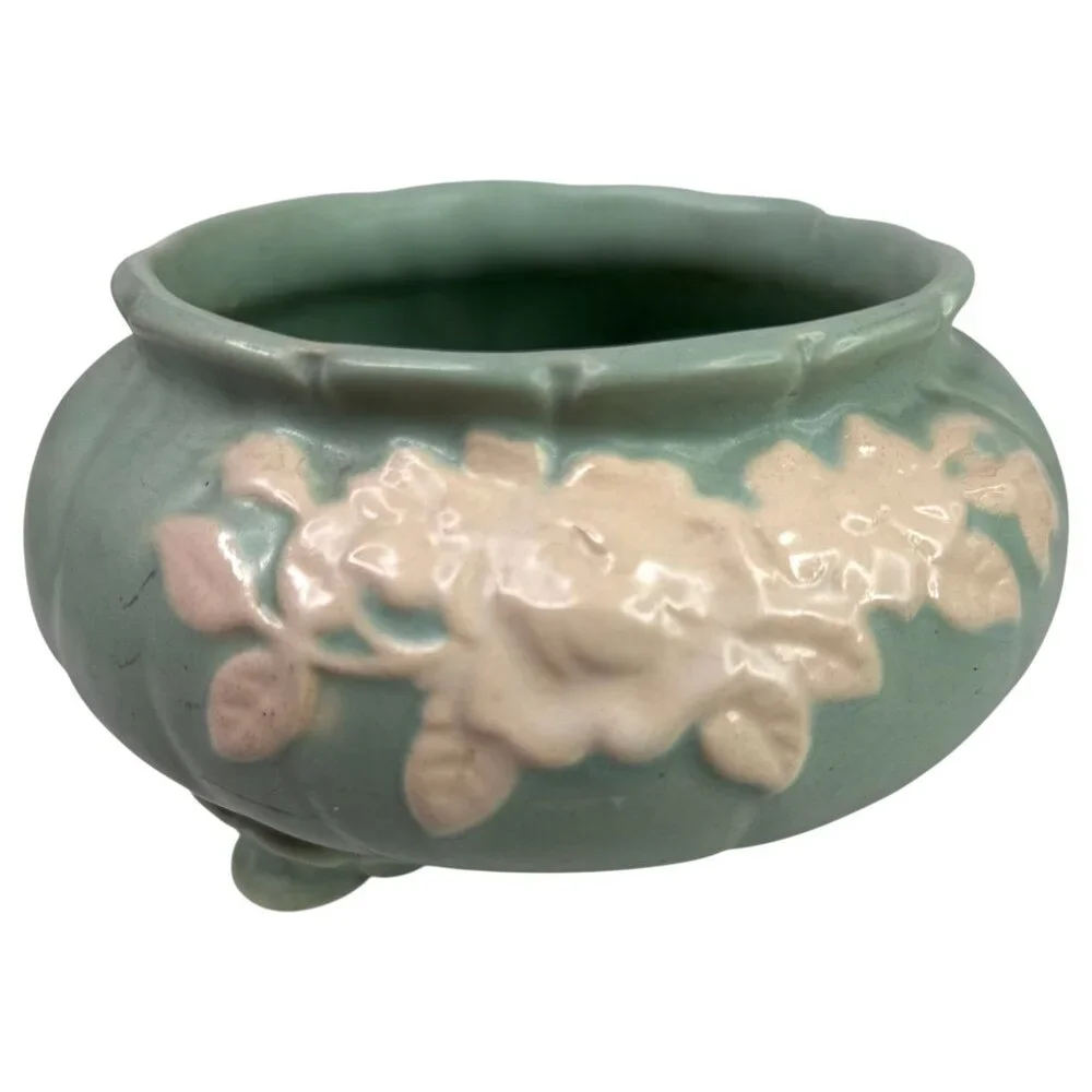 Vintage Weller Pottery Cameo Rose Green Bowl Planter Ceramic Footed White Floral - Picture 2 of 10